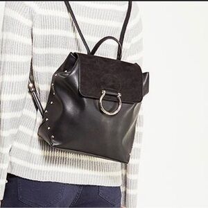 TOPSHOP BLACK VEGAN LEATHER STUDDED BACKPACK PURSE WITH GOLD RING